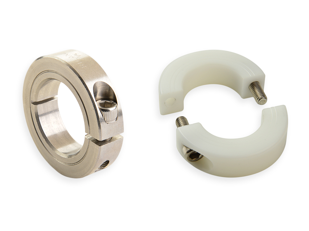 Pic 1: Ruland clamp style shaft collars made from stainless steel and from Delrin